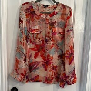 Cupio Orange and Red Graphic Blouse with Mandarin Collar